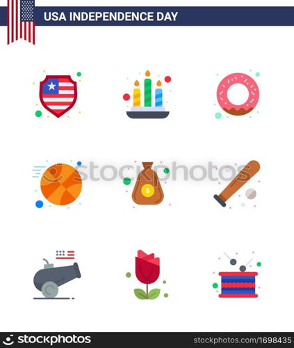Pack of 9 USA Independence Day Celebration Flats Signs and 4th July Symbols such as baseball; cash; nutrition; bag; dollar Editable USA Day Vector Design Elements