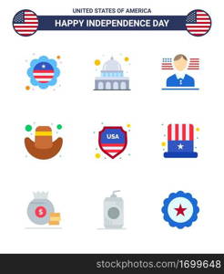 Pack of 9 USA Independence Day Celebration Flats Signs and 4th July Symbols such as usa  shield  man  security  cap Editable USA Day Vector Design Elements