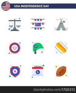 Pack of 9 USA Independence Day Celebration Flats Signs and 4th July Symbols such as helmet; badge; tent; eagle; bird Editable USA Day Vector Design Elements