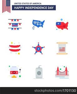 Pack of 9 USA Independence Day Celebration Flats Signs and 4th July Symbols such as usa  text  frankfurter  scroll  star Editable USA Day Vector Design Elements