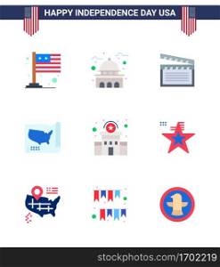 Pack of 9 USA Independence Day Celebration Flats Signs and 4th July Symbols such as building  united  white  states  usa Editable USA Day Vector Design Elements