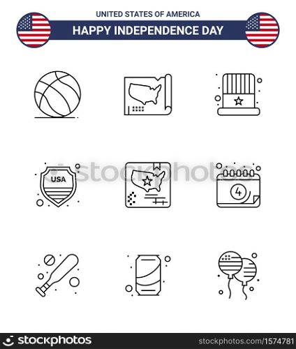 Pack of 9 USA Independence Day Celebration Lines Signs and 4th July Symbols such as flag; usa; american; sign; security Editable USA Day Vector Design Elements