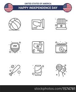 Pack of 9 USA Independence Day Celebration Lines Signs and 4th July Symbols such as flag; usa; american; sign; security Editable USA Day Vector Design Elements
