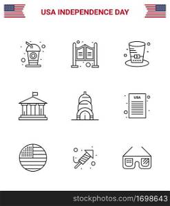 Pack of 9 USA Independence Day Celebration Lines Signs and 4th July Symbols such as building; usa; day; american; bank Editable USA Day Vector Design Elements