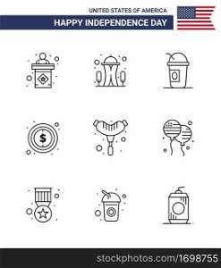 Pack of 9 USA Independence Day Celebration Lines Signs and 4th July Symbols such as frankfurter  sign  america  dollar  usa Editable USA Day Vector Design Elements