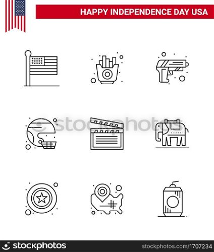 Pack of 9 USA Independence Day Celebration Lines Signs and 4th July Symbols such as united; sport; gun; helmet; american Editable USA Day Vector Design Elements