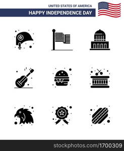 Pack of 9 USA Independence Day Celebration Solid Glyphs Signs and 4th July Symbols such as fast; american; building; usa; guiter Editable USA Day Vector Design Elements