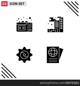 Pack of creative Solid Glyphs of tape recording, food, city, bottle, passport Editable Vector Design Elements