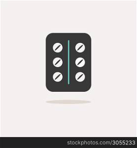 Pack of pills. Icon with shadow on a beige background. Pharmacy flat vector illustration