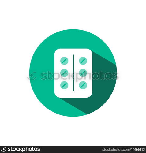 Pack of pills icon with shadow on a green circle. Flat color vector pharmacy illustration