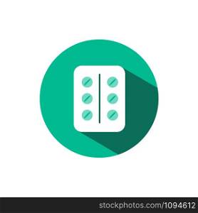 Pack of pills icon with shadow on a green circle. Flat color vector pharmacy illustration