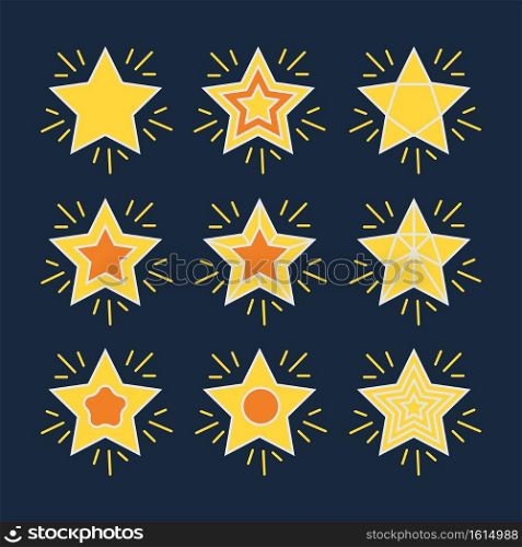 Pack of shiny stars with geometric designs on yellow and orange colors. Set flat decoration stars icon isolated. Shiny sparkle sign collection element light vector illustration
