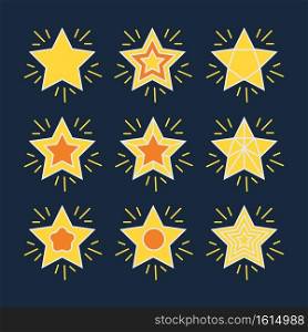 Pack of shiny stars with geometric designs on yellow and orange colors. Set flat decoration stars icon isolated. Shiny sparkle sign collection element light vector illustration