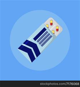pack of tablets on blue background, flat style. pack of tablets on blue background, flat