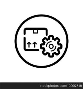 Package and gear. Shipping box. Current order. Commerce outline icon in a circle. Isolated vector illustration