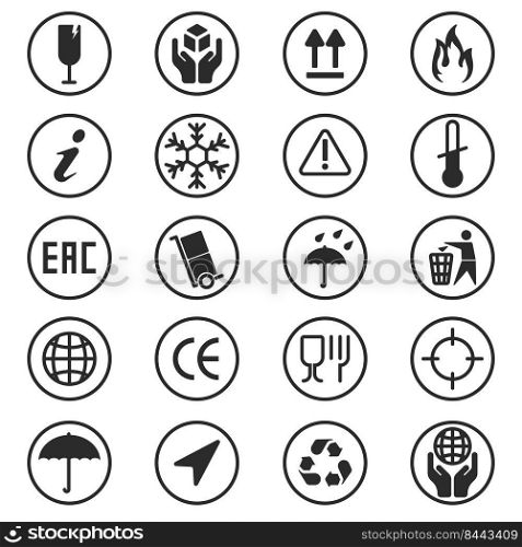 Package box symbols set. Recycle, glass, fragile, plastic, umbrella warning signs. Round pictograms for cardboard pack design, delivery, logistics, shipping concept.