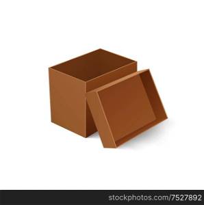 Package box with open cap empty container isolated icon closeup vector. Cardboard used for storage of items and goods, transportation cardboard item. Package Box with Open Cap Empty Container Vector
