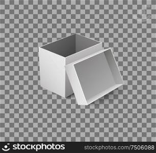 Package box with open cap empty container isolated icon on transparent. Cardboard used for storage of items and goods, transportation cardboard item. Package Box with Open Cap Empty Container Vector