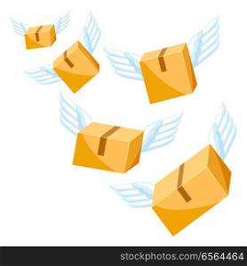 Package boxes with wings. Conceptual illustration fast delivery of goods.. Package boxes with wings.