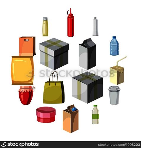 Package container icons set in cartoon style. Boxes and packages, bottles set collection vector illustration. Package container icons set, cartoon style