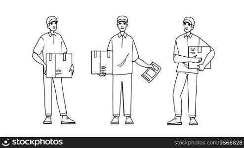 package courier box vector. render parcel, carton shop, gift open package courier box character. people black line illustration. package courier box vector