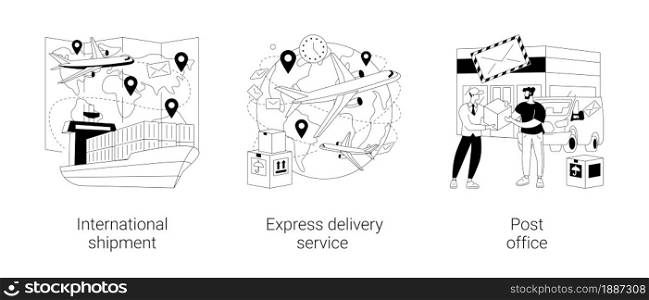 Package delivery abstract concept vector illustration set. International shipment, express delivery service, post office, parcel tracking, e-commerce online order, courier service abstract metaphor.. Package delivery abstract concept vector illustrations.