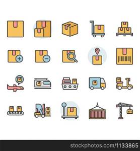 Package delivery and logistic related icon and symbol set in color outline design