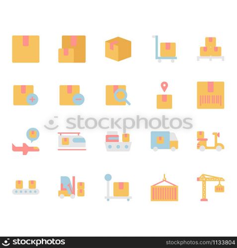 Package delivery and logistic related icon and symbol set in flat design