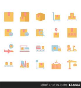 Package delivery and logistic related icon and symbol set in flat design
