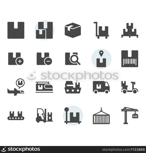 Package delivery and logistic related icon and symbol set in glyph design