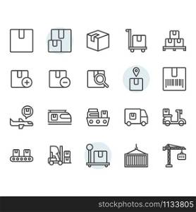 Package delivery and logistic related icon and symbol set in outline design
