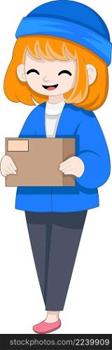 package delivery girl, walking carrying a cardboard box with a friendly face, creative illustration design