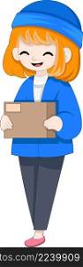 package delivery girl, walking carrying a cardboard box with a friendly face, creative illustration design