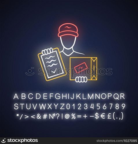 Package delivery neon light icon. Courier service. Parcel delivering. Deliveryman with box and invoice. Postman holding cardboard package. Glowing alphabet, numbers. Vector isolated illustration