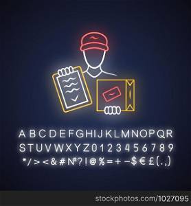 Package delivery neon light icon. Courier service. Parcel delivering. Deliveryman with box and invoice. Postman holding cardboard package. Glowing alphabet, numbers. Vector isolated illustration
