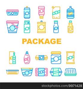 Package For Product Collection Icons Set Vector. Package For Ketchup And Mayonnaise, Milk And Oil Bottle, Container For Eggs And Canned Fish Concept Linear Pictograms. Contour Color Illustrations. Package For Product Collection Icons Set Vector