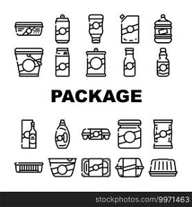 Package For Product Collection Icons Set Vector. Package For Ketchup And Mayonnaise, Milk And Oil Bottle, Container For Eggs And Canned Fish Black Contour Illustrations. Package For Product Collection Icons Set Vector
