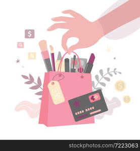 Package full of different decorative cosmetics. Sale of beauty products. Female hand holds package with makeup tools. Shopping with discount card. Eyeshadow and brushes in bag. Vector illustration. Package full of different decorative cosmetics. Sale of beauty products. Female hand holds package with makeup tools