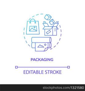Package, gift wrap design studio concept icon. Wrapping paper creating idea thin line illustration. Eco friendly bag and cardboard box manufacture. Vector isolated outline RGB color drawing