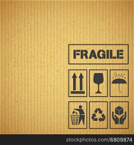 Package handling labels on cardboard. This side up, fragile, handle with care, keep dry symbol. Vector illustration.