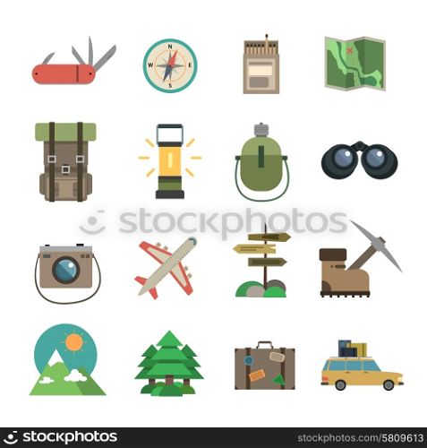 Package holiday hiking tour accessories flat icons set of compass map and camera abstract isolated vector illustration. Hiking icons set flat