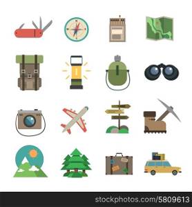 Package holiday hiking tour accessories flat icons set of compass map and camera abstract isolated vector illustration. Hiking icons set flat
