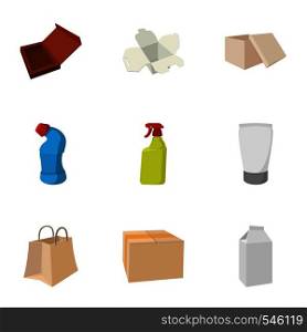 Package icons set. Cartoon illustration of 9 package vector icons for web. Package icons set, cartoon style