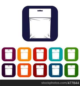 Package icons set vector illustration in flat style in colors red, blue, green, and other. Package icons set