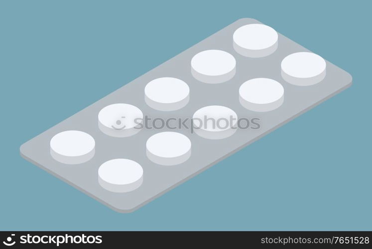 Package of medical pills symbol isolated on blue. Pharmacy and drug round tablets dose in pack healthcare object. Pile of hospital medication or vitamin for treatment sickness or painkiller vector. Pills in Pack for Treatment or Vitamin Dose Vector