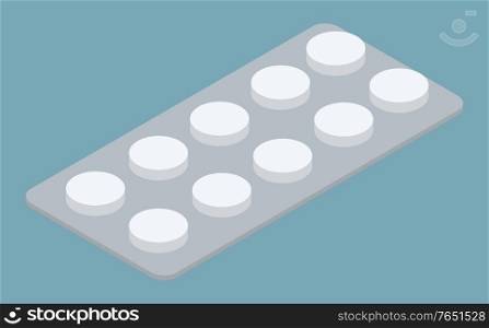 Package of medical pills symbol isolated on blue. Pharmacy and drug round tablets dose in pack healthcare object. Pile of hospital medication or vitamin for treatment sickness or painkiller vector. Pills in Pack for Treatment or Vitamin Dose Vector