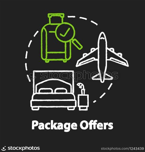 Package offers chalk RGB color concept icon. Cost effective, all inclusive tour idea. Transportation and accommodation included. Vector isolated chalkboard illustration on black background