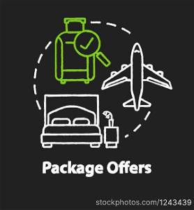 Package offers chalk RGB color concept icon. Cost effective, all inclusive tour idea. Transportation and accommodation included. Vector isolated chalkboard illustration on black background
