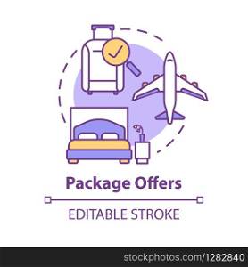Package offers concept icon. Cost effective, all inclusive tour idea thin line illustration. Transportation and accommodation included. Vector isolated outline RGB color drawing. Editable stroke