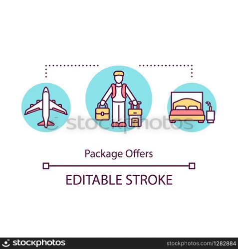 Package offers concept icon. Special tourist agency proposition, cost effective travel idea thin line illustration. All inclusive service. Vector isolated outline RGB color drawing. Editable stroke